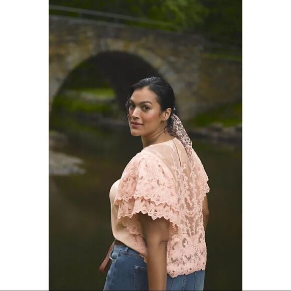 NEW Anthropologie Forever That Girl Pink Flutter Sleeved Lace-Back Top X-Large - Picture 4 of 5